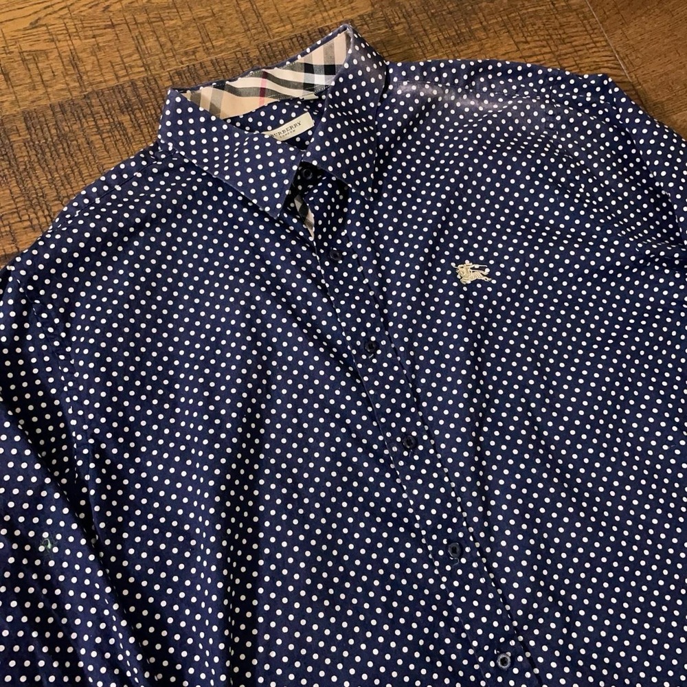 Burberry London Button Up Shirt Mens XXXL Navy Blue Preppy Polka Dot Luxury